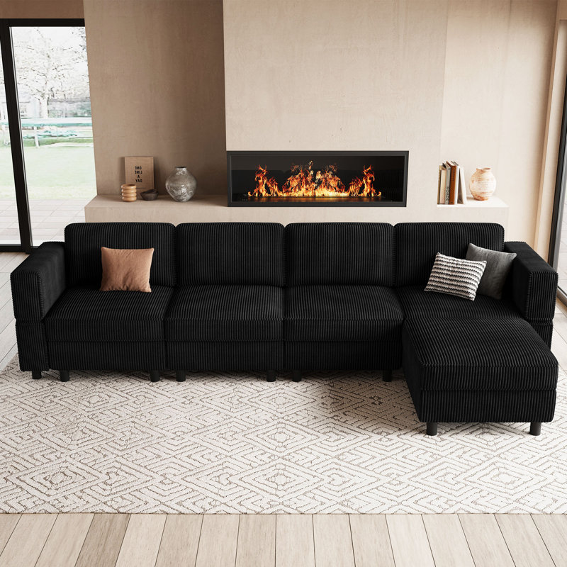 Upholstered Modular Sofa Sectional With Ottoman, Black Corduroy