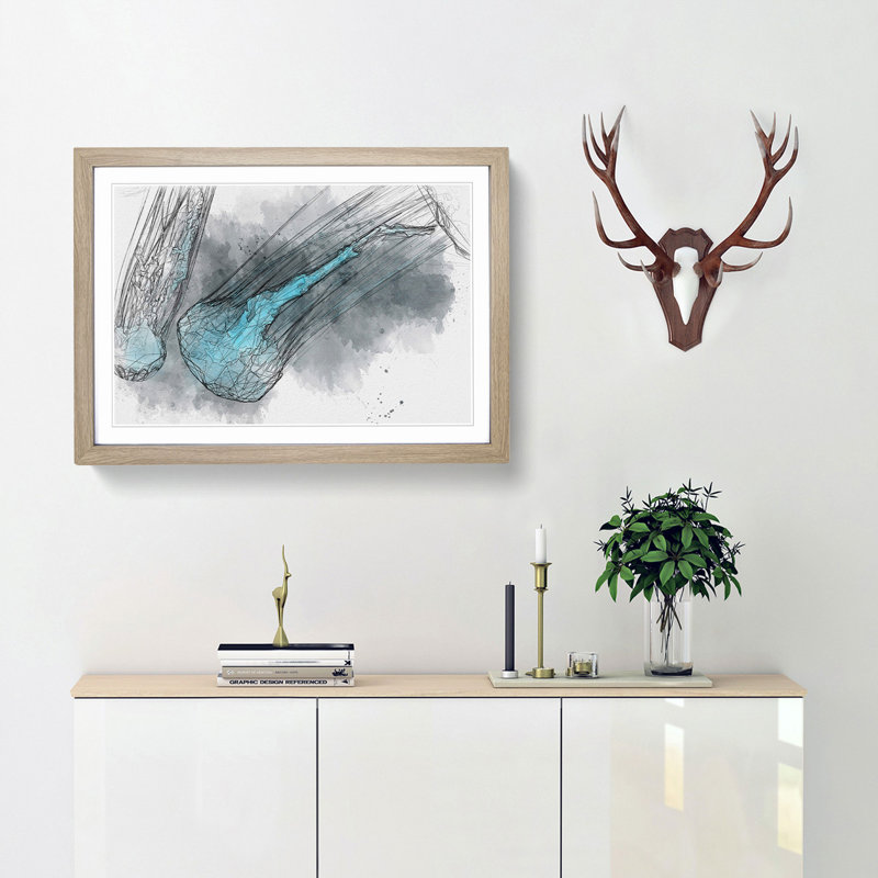 Neon Blue Jellyfish in Abstract - Framed Print, Oak Framed, 48cm H x 65cm W x 2cm D