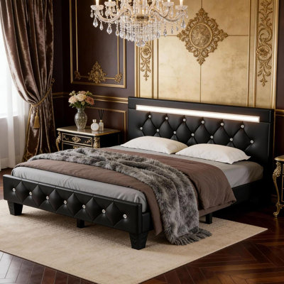 Queen Size Bed Frame With LED Light And Charging Station, Faux Leather Upholstered Platform Bed With Handcrafted Crystal Button Adjustable Headboard, No Box Spring Needed, Solid Wooden Slats