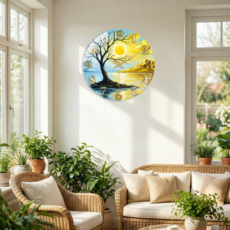 Horloge murale décorative en verre Sunset, 60 x 60 cm (23,6 x 23,6 pouces)