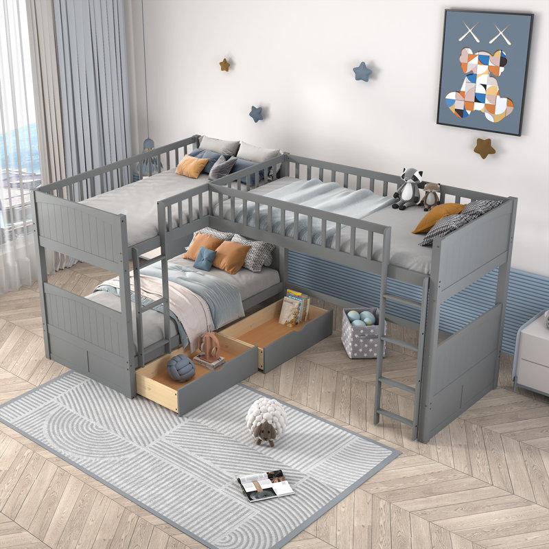 Gillermo Kids Twin Over Twin Bunk Bed with Drawers, Gray