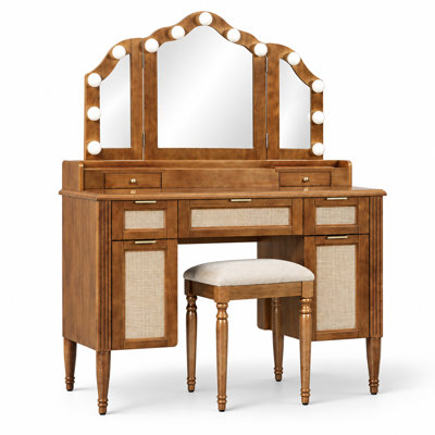 Makeup Vanity Desk with Stool Set, Tri-Fold Mirror Dressing Table with 13 Hollywood LED Bulbs, 3 Adjustable Lighting Modes, Cushioned Stool, Built-in Charging Station, Ample Storage Drawers