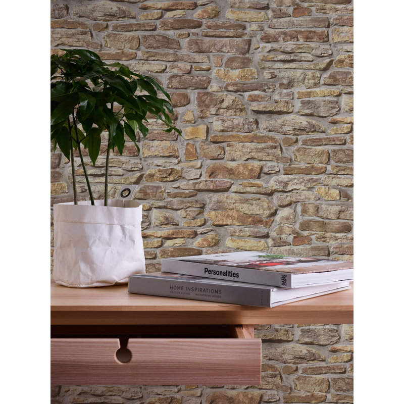 Bricks and More Collection Rustic Stone Wall Wallpaper Roll, Brown