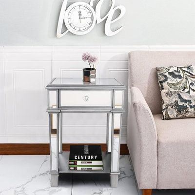 Modern Square Mirrored End Table With Glass Silver Mirror Tabletop And Low Shelf, Decorative Sofa Side Table For Living Room, Bedroom, Or Entryway