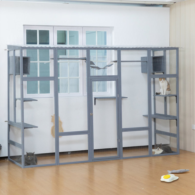 Spacious Grey Wooden Cat Shelter With 6 Jumping Platforms, 2 Condos, Bridge And Scratching Board Enclosure Pad, Grey