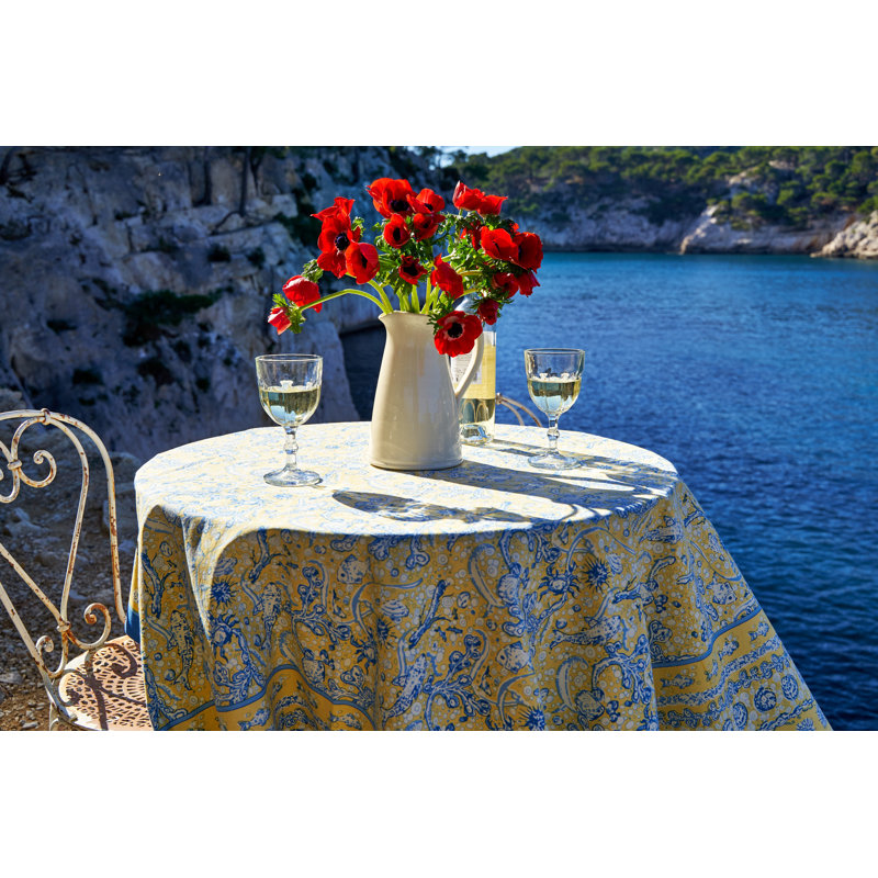 La Mer Handmade Floral Tablecloth, 71" Square, Yellow/Blue