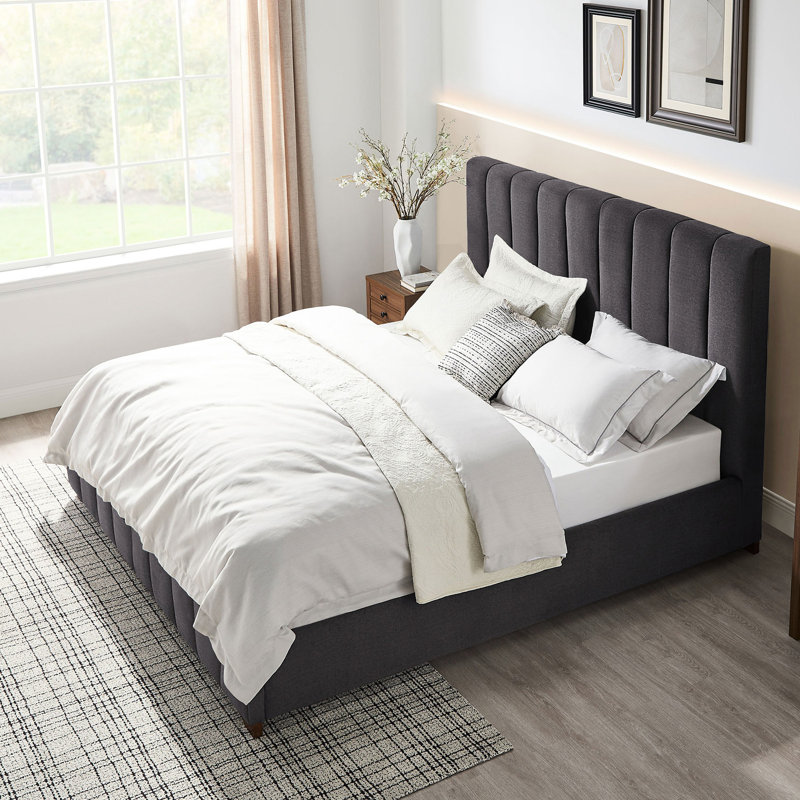 Dark Grey Upholstered Bed Frame For Full Size With Comfortable Headboard And Wooden Slats, No Box Spring Needed A Relaxing Experience Queen Fabric Slats Support, Space Saving