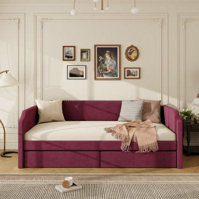 Twin Size Velvet Upholstered Daybed with 2 Storage Drawers, Space-Saving Sofa Bed Daybed Frame, Wine Red