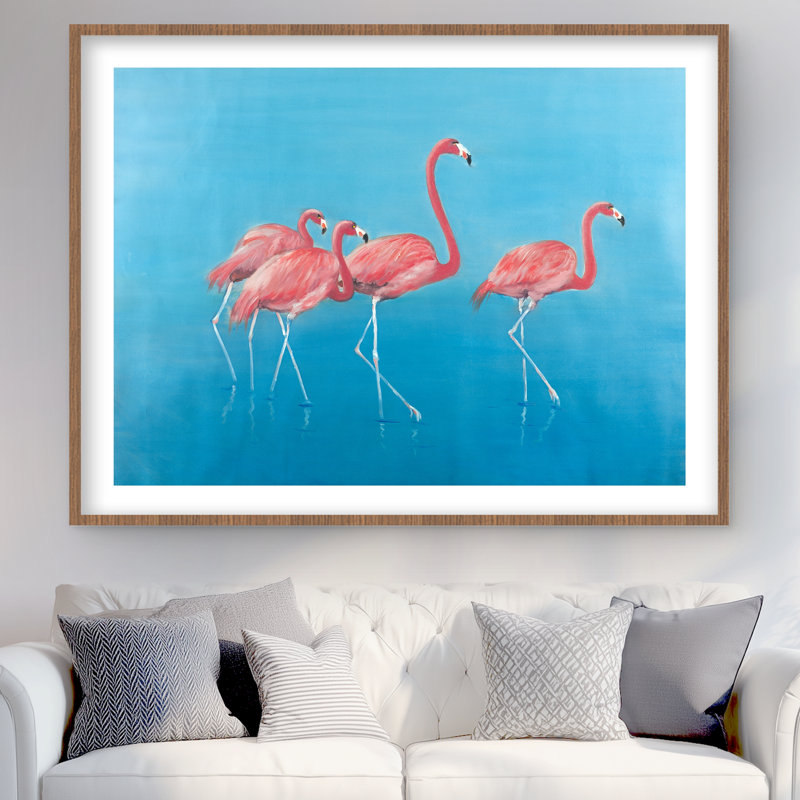Quatre flamants roses - romantiques, encadré bleu