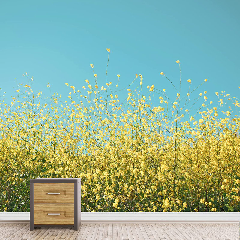 Scénique champ de fleurs sauvages jaunes, L 66 po x l 96 po