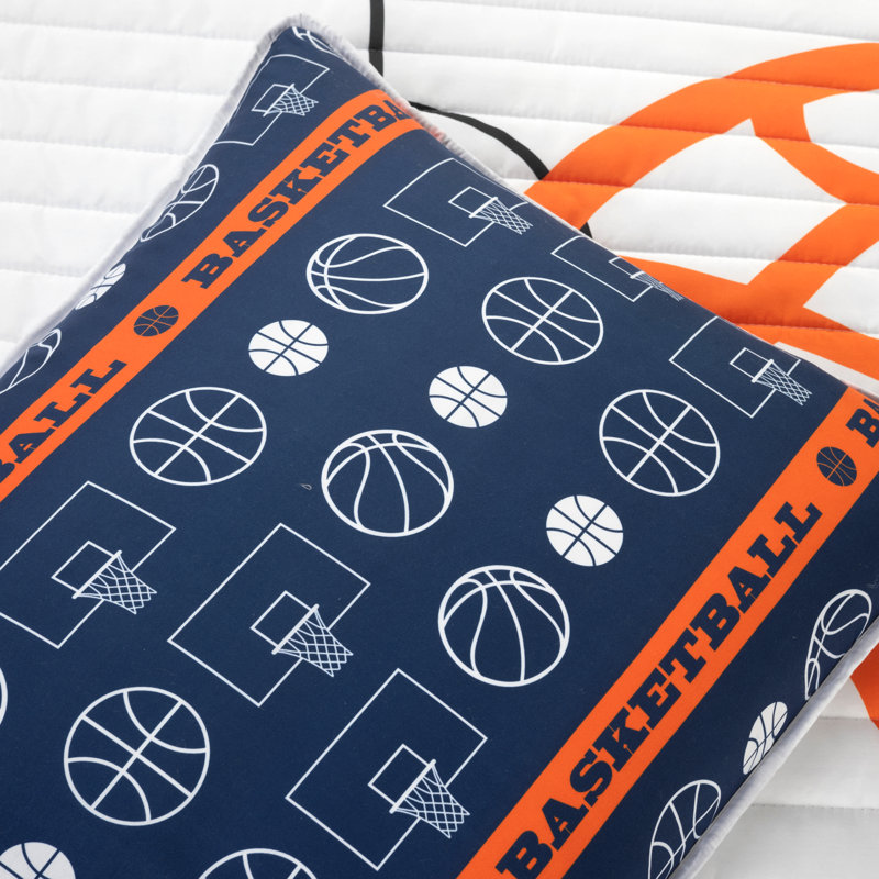 White and Navy Microfiber Reversible Twin Basketball Quilt Set
