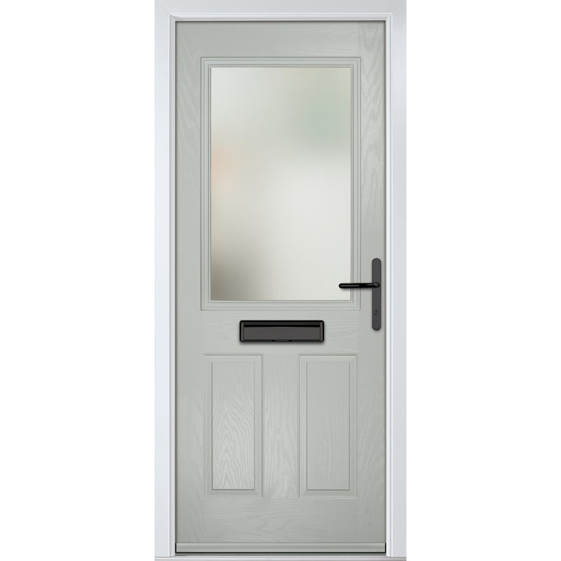 Crystal GRP Front door Lytham Black 920mm x 2090mm Open in Left hand Stipolytte Glass, 89mm x 209mm, Agate Grey, Left