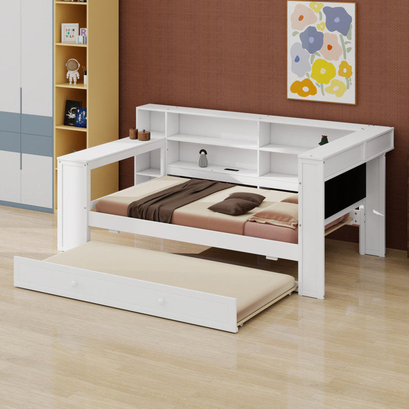 Platform Bed with Shelves, Trundle, Charging Station, LED, Desk and Upholstered Headboard for Complete Bedroom Solution