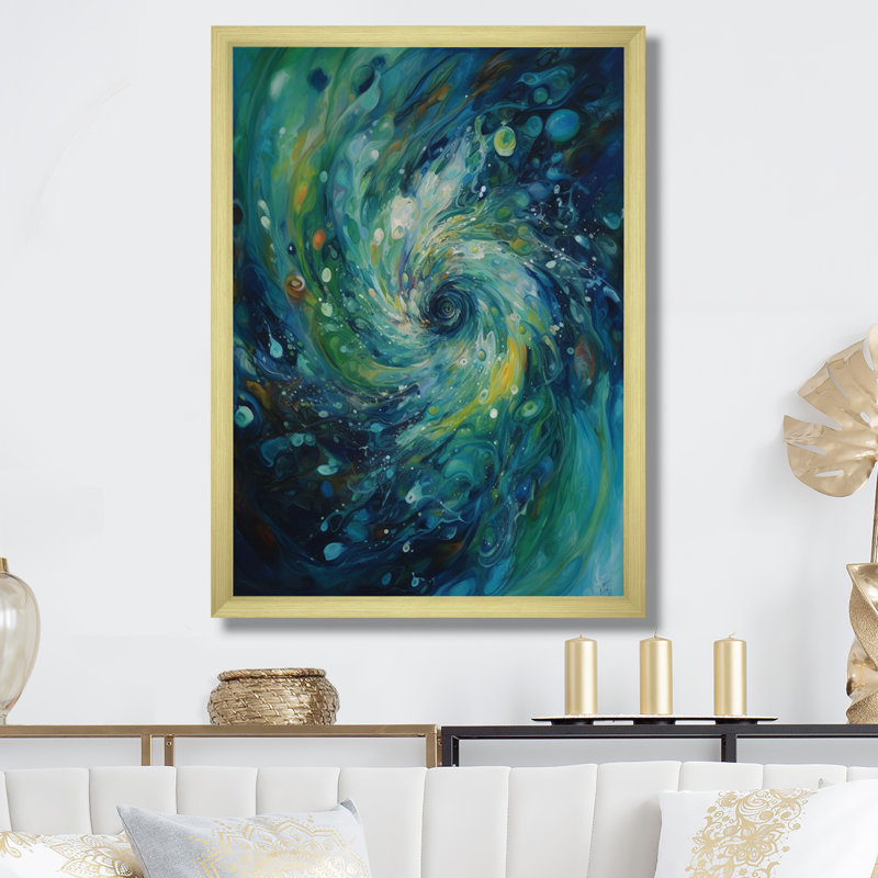 " Blue Green Transcendent Liquid Ink ", 20" H x 12" W x 1" D, Gold Picture Framed