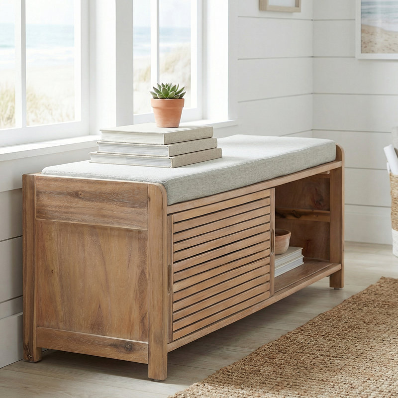Rustic Entryway Storage Bench With Cushion - Shutter Door Organizer For Shoes And Accessories, Brown