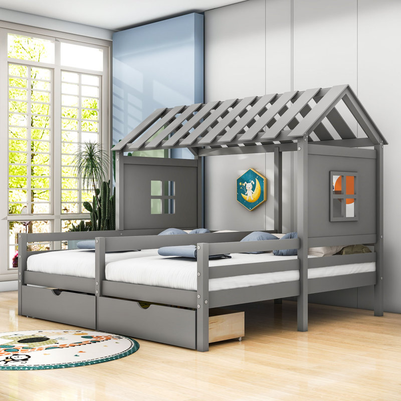 Charleston Twin 2 Drawers Wood Platform Bed with Guardrail, Gray