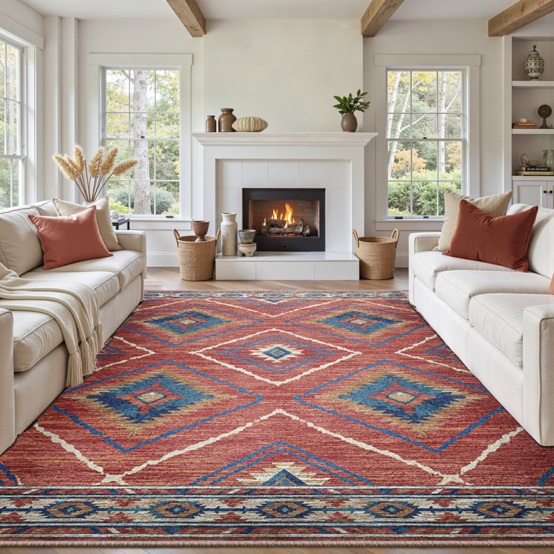 Machine Washable Non Slip Western Area Rugs for Living Room Bedroom Dining Room, Rectangle 8' x 10', Red/Orange