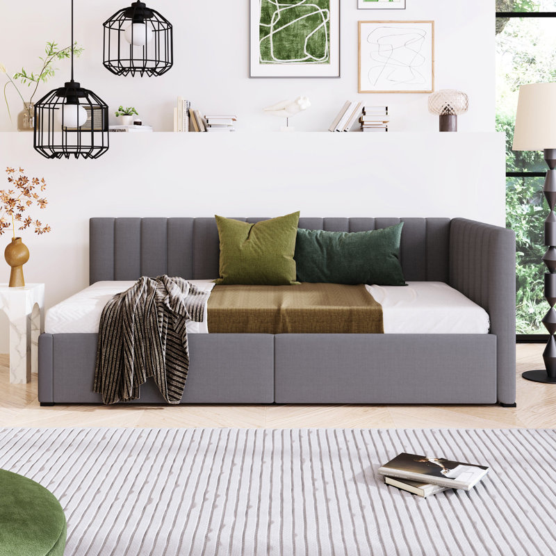 Lit tapissier gris en lin avec 2 tiroirs de rangement, Gris