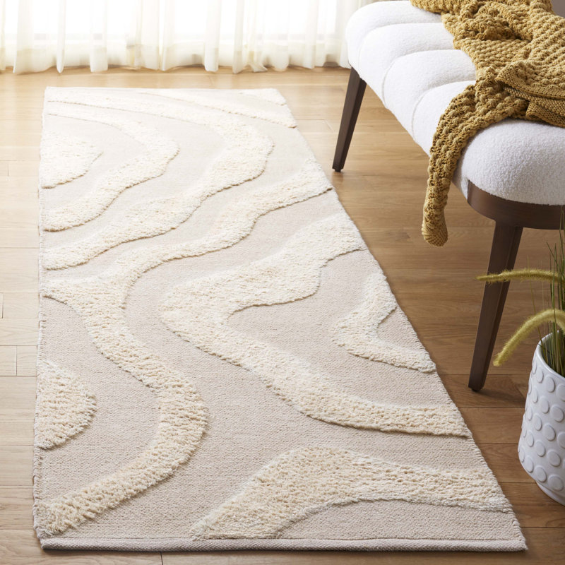 Mozie Abstract Handmade Cotton Area Rug in Ivory, Runner 2'3" x 8'