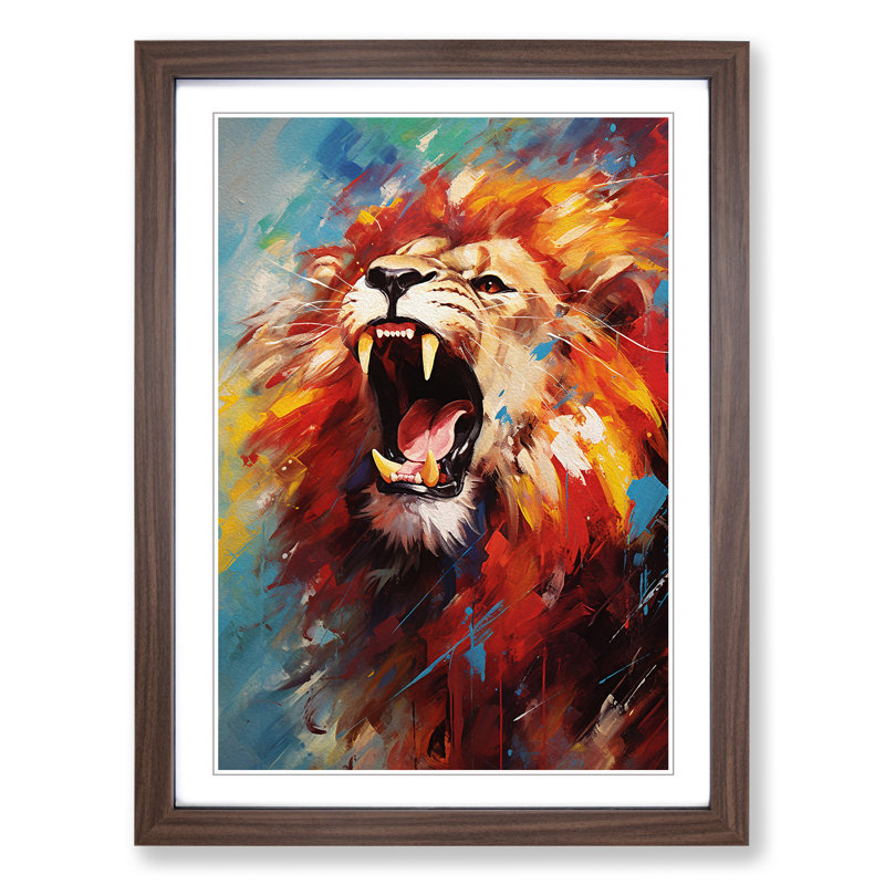 Lion Modern - Single Picture Frame Print on Wood, Walnut Framed, 34cm H x 25cm W x 2cm D