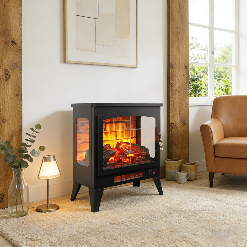 Three-Sided Electric Fireplace Stove, 21" - 3D Flame, Remote Control, Freestanding Heater
