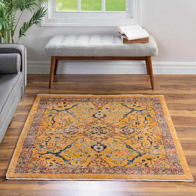 Tapis jaune / bleu / rouge Indigo, Carré 7 pi 10 po