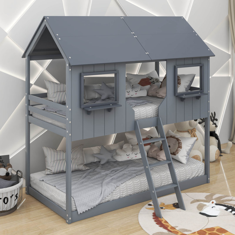 Lit superposé simple au-dessus d'un lit simple en bois avec toit et échelle, Gris