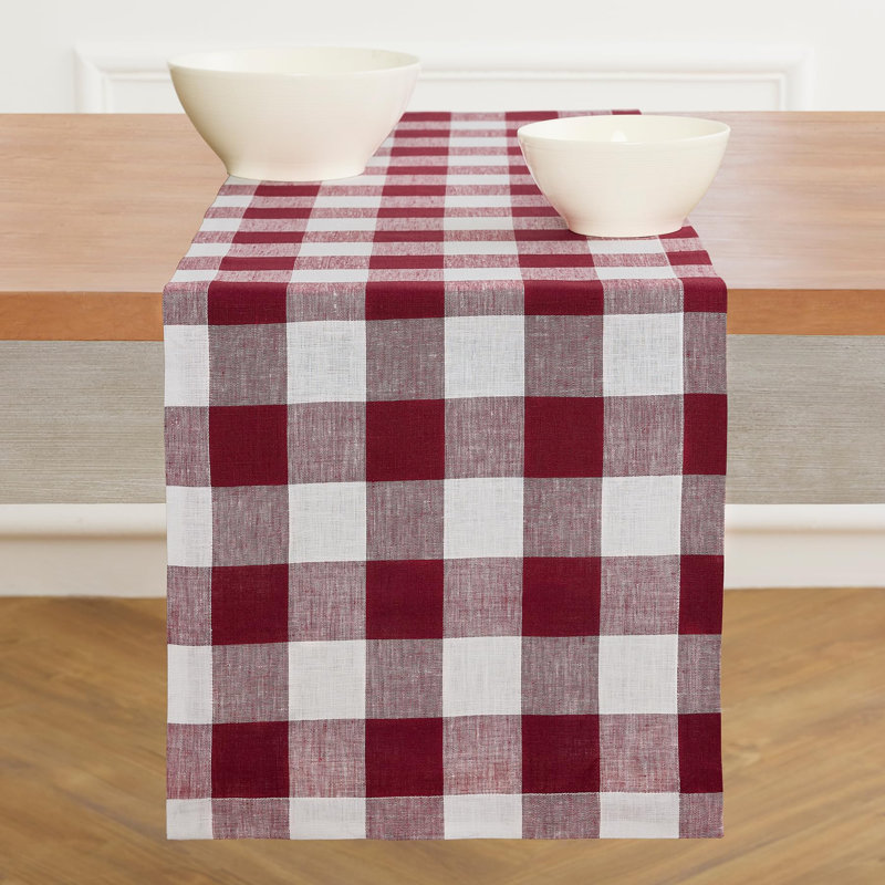 Buffalo Check - 100% Pure Linen Table Runner, 108" x 14", Burgundy/White
