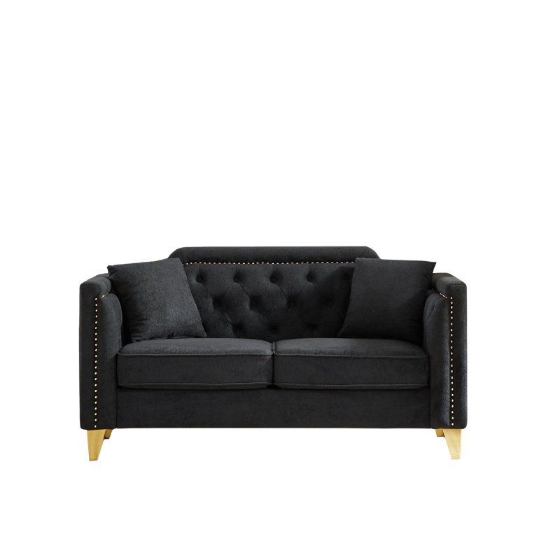 " mid-century modern chenille sofa | tufted buttons & copper nail armrest | 2 pillows | metal legs | stylish living room couch
