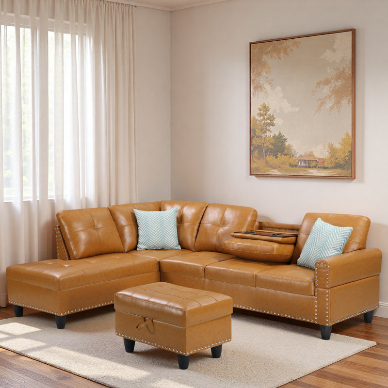 Faux Leather L - Shaped Sectional Sofa With Nailhead Trim And Cup Holders And Storage Ottoman, Ginger