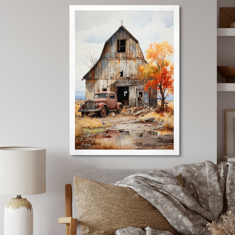 Aswini Barns Rustic Charm IX - Art mural de grange pour le salon, Cadre simple blanc, H 32 po x l 24 po x P 1 po