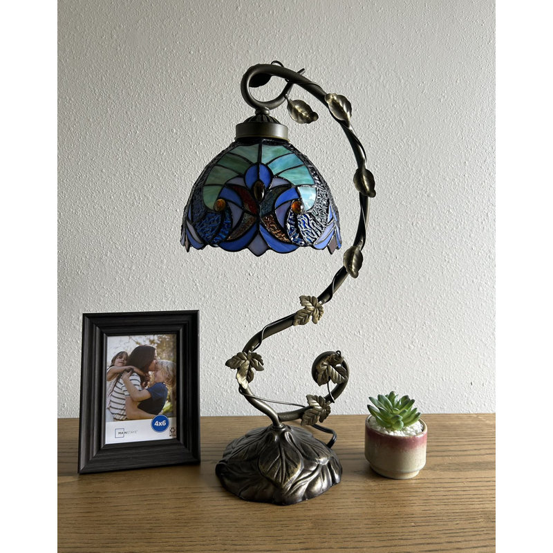 Simonetti Tiffany Table Lamp Green Brown Stained Glass Iron Metal Leaves Bronze Base 11"W*8"D*21"H, Blue/Orange/Beige