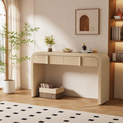 Console moderne avec 2 tiroirs de rangement, table d'entrée cannelée à silhouette arrondie pour le couloir du salon et de l'entrée (crème abricot)