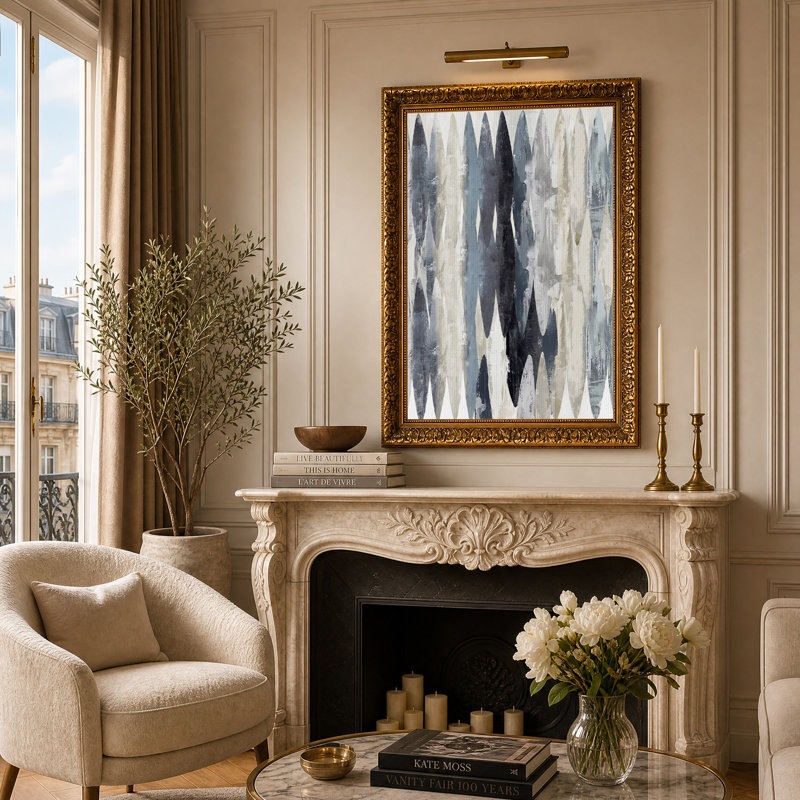 Tableau abstrait texturé gris et bleu sur toile représentant des feuilles, H 24 po x l 16 po