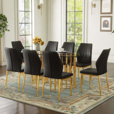 9PCS Modern Table And Chair Set. Oval Tempered Glass Dining Table With 8 Ergonomic Backrest Chairs