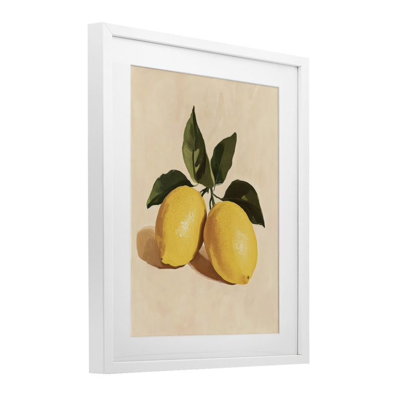 Reproduction sous verre encadrée de citron avec feuilles, design par Petal Prints Design, H 21 po x l 17 po