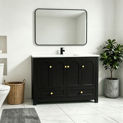 Meuble-lavabo de salle de bain de 122 cm avec lavabo en résine, grand espace de rangement avec 4 portes à fermeture en douceur et 2 tiroirs.