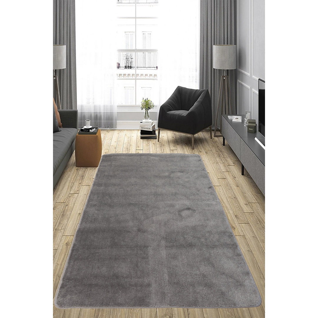 Anti-Slip Latex Back Machine Washable Medium Profile Cut Pile Gray Area Rug Charlton Home®