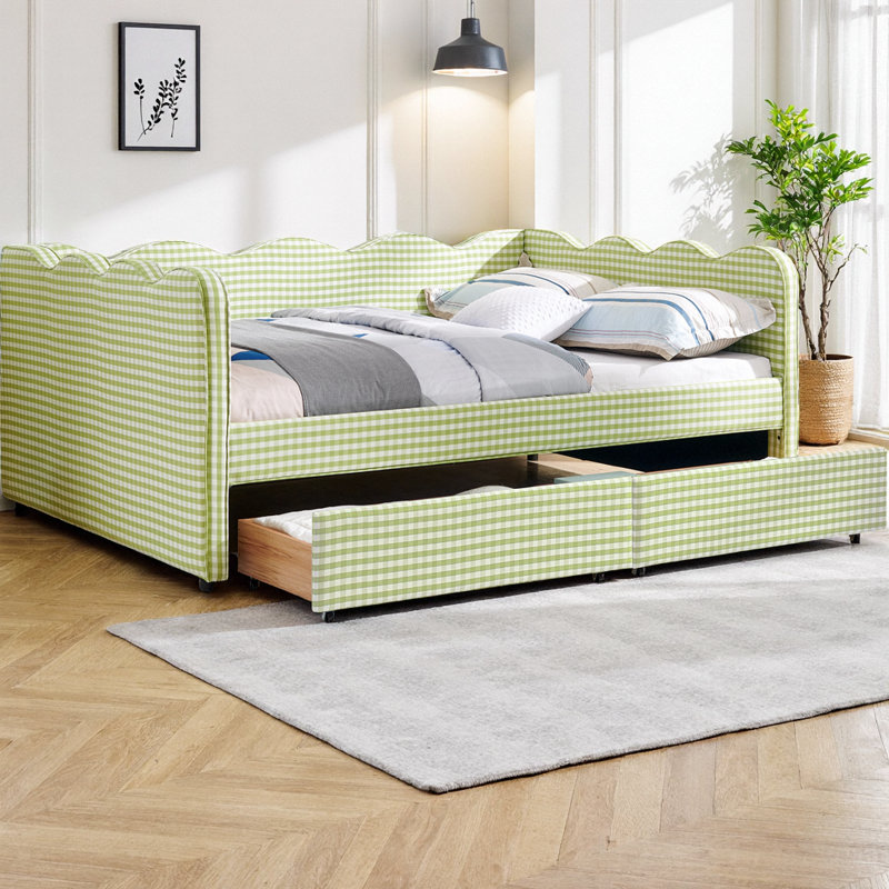 Full Size Cozy Gingham Daybed with Two Storage Drawers, Linen Fabric Sofa Bed with USB Port and Adorable Wave Shaped Design, for Bedroom or Living Room