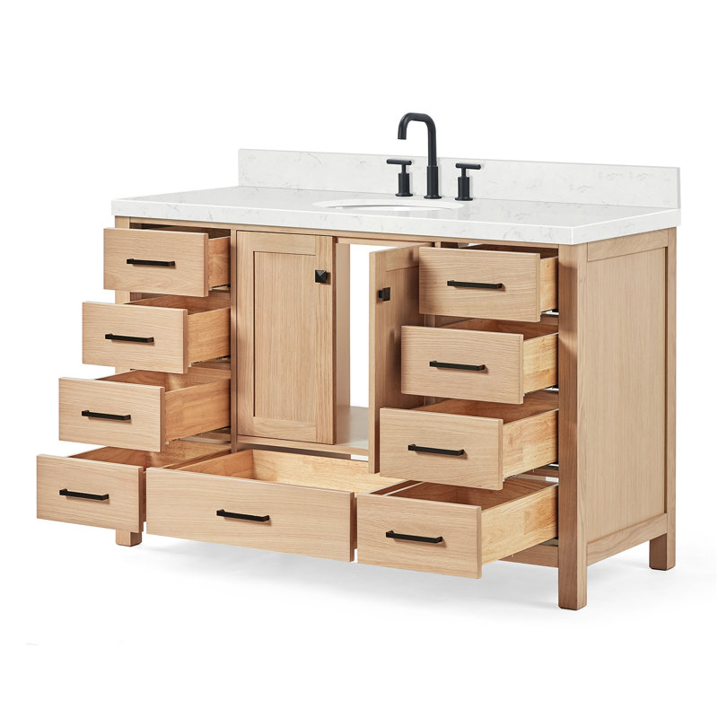 Cambridge 54.25'' Single Bathroom Vanity with Carrara Quartz Top, Oak/Matte Black