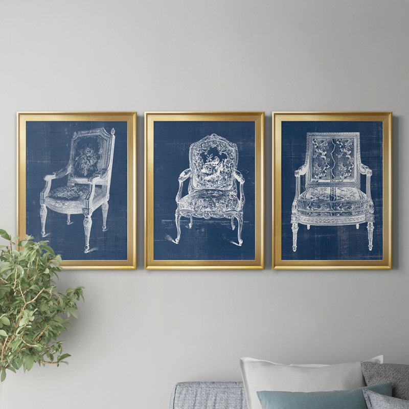Antique Chair Blueprint IV - Ensemble de 3 peintures sur toile encadrées, Encadrement doré, H 22,5 po x l 91,5 po x P 1,5 po