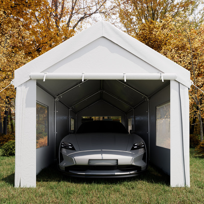 10 X 20Ft Heavy Duty Carport, Portable Garage With Sidewalls, All Weather For Car, Storage & Tool Room, White, White