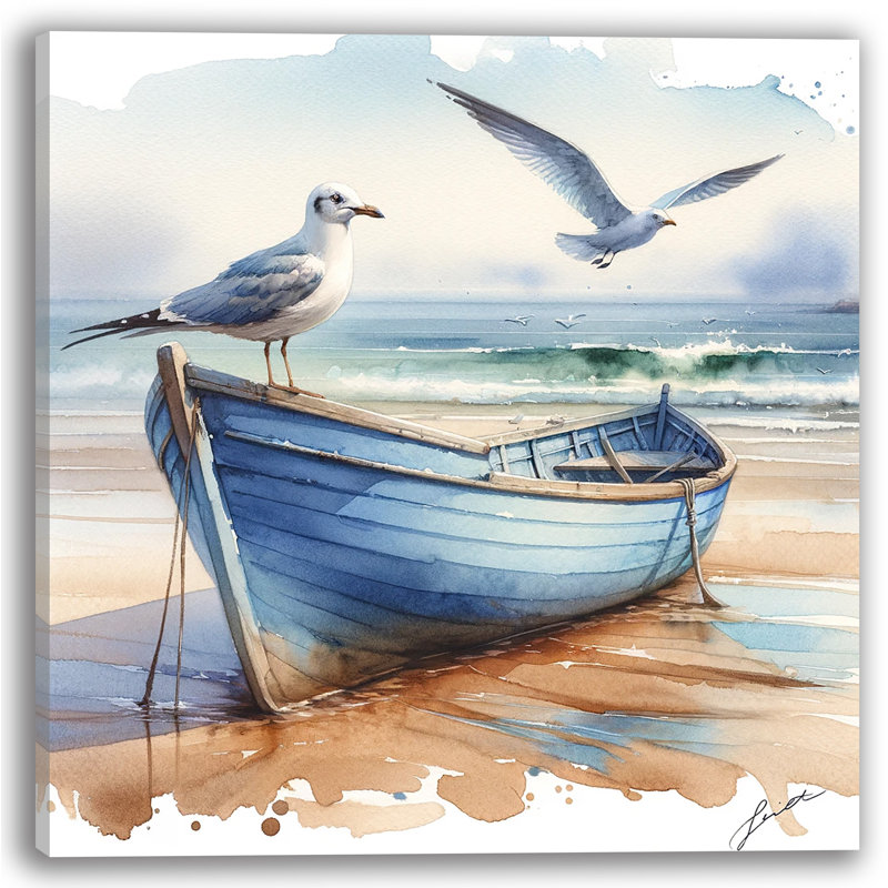 Mouette et bateau - impression sur toile tendue, H 12 po x l 12 po x P 1 po