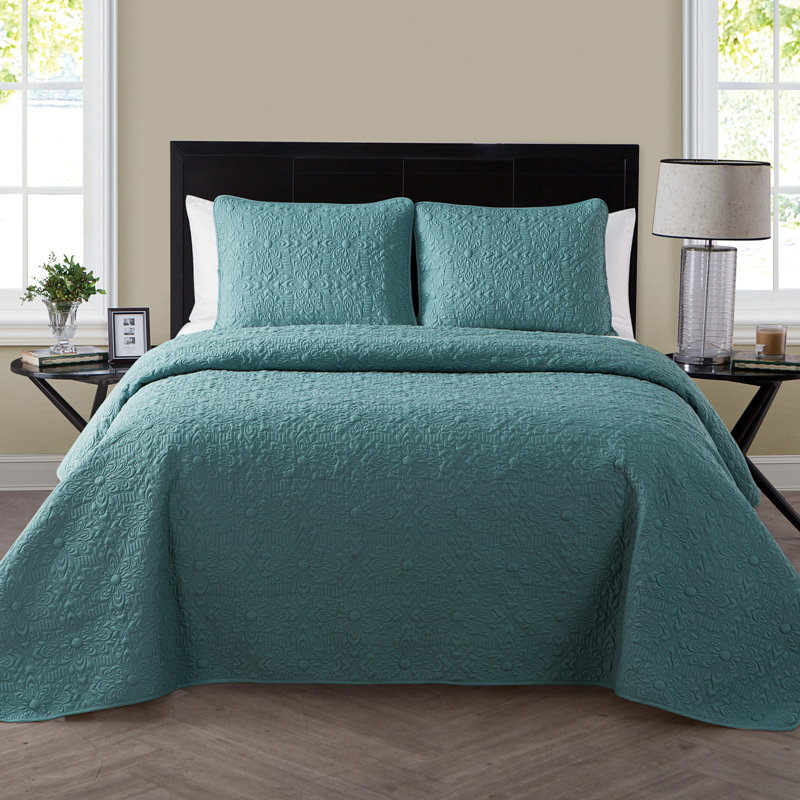 Caroline Embossed Floral Quilt Set, Blue Sage, Full/Queen Quilt + 2 Standard Shams