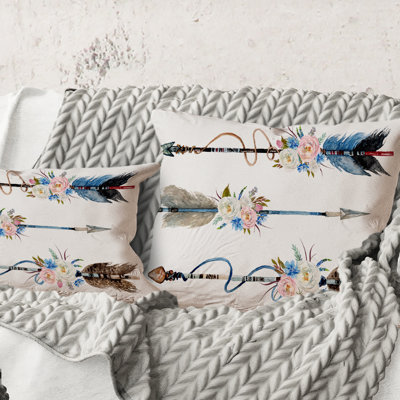 Square,Ethnic Feathers And Flowers On Native Arrows I - Bohemian & Eclectic Printed Throw Pillow