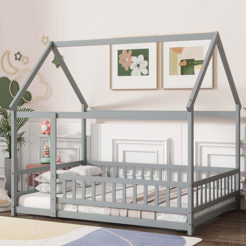 Lit en bois avec structure de toit, garde-corps de sécurité pour chambre à coucher, Double, Gris