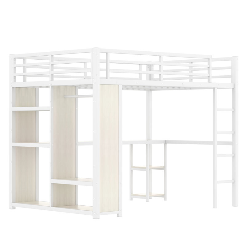 Queen, Metal Loft Bed, White Wood-Grain, Desk, Wardrobe, Storage Shelves, Space Option, Small Bedroom Built-In Storage, Assurance, Bed