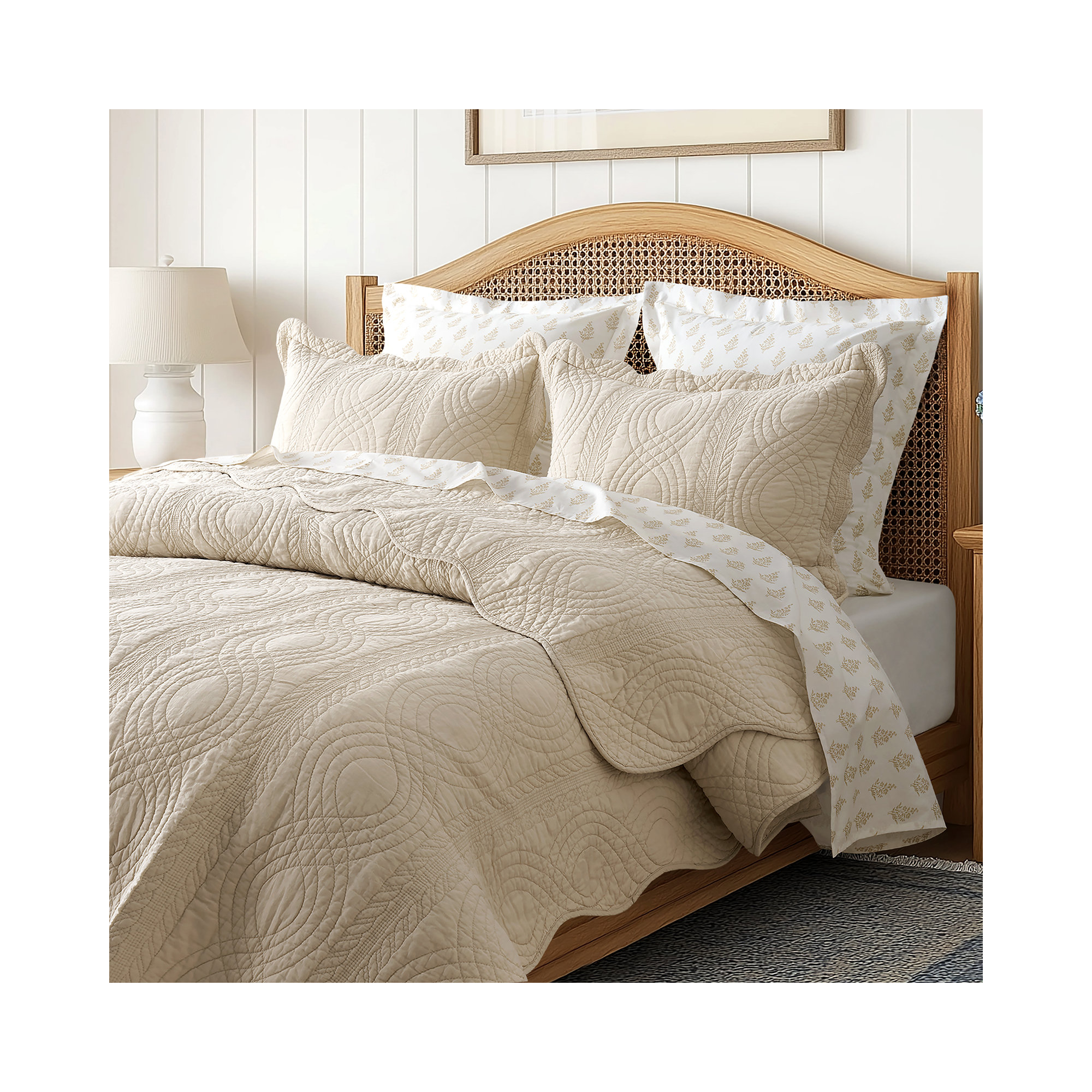 Scallop Edge 100% Cotton Quilt Set, Flax Beige, Queen Quilt + 2 Queen Shams