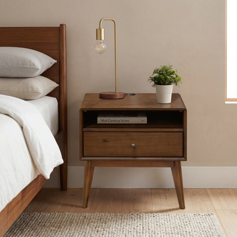 Mid-Century Sutton Walnut nightstand with one drawer and open shelf (case comes fully assembled, legs require 2-min assembly)