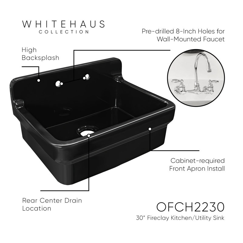 Fireclay 30" x 22" Drop-in Sink with 2 Faucet Holes on Backsplash, Black